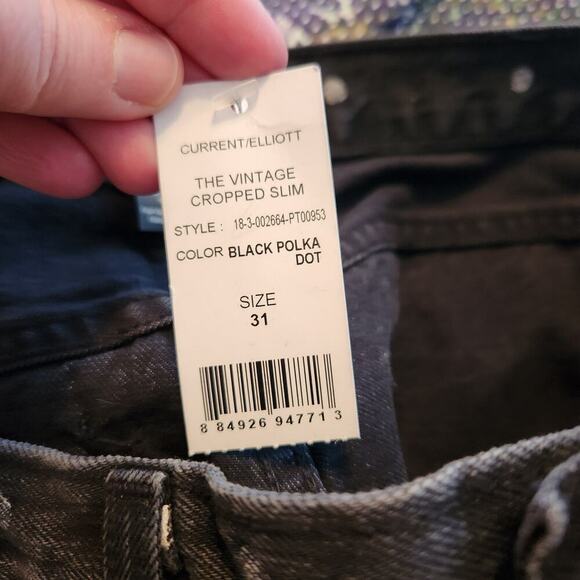 Current/Elliott The Vintage Cropped Slim Black Polka Dot Jeans Size 31 - Picture 12 of 13